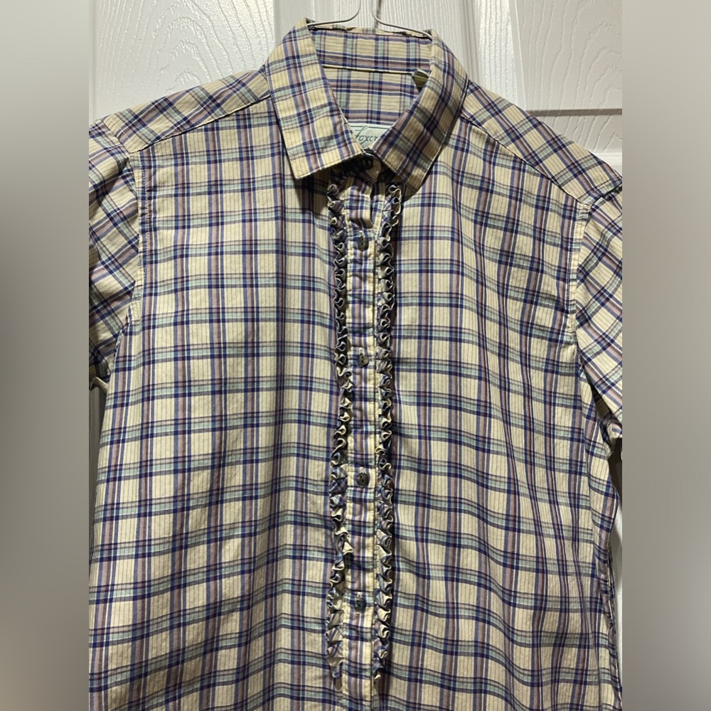 Blue Plaid ruffled long sleeve button blouse shirt top